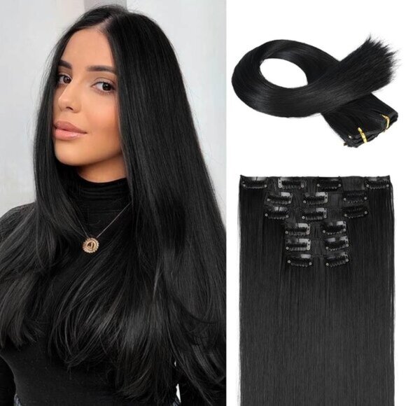 New 6PC Clip-in Hair Extensions 24" Long Straight Synthetic - Natural Black